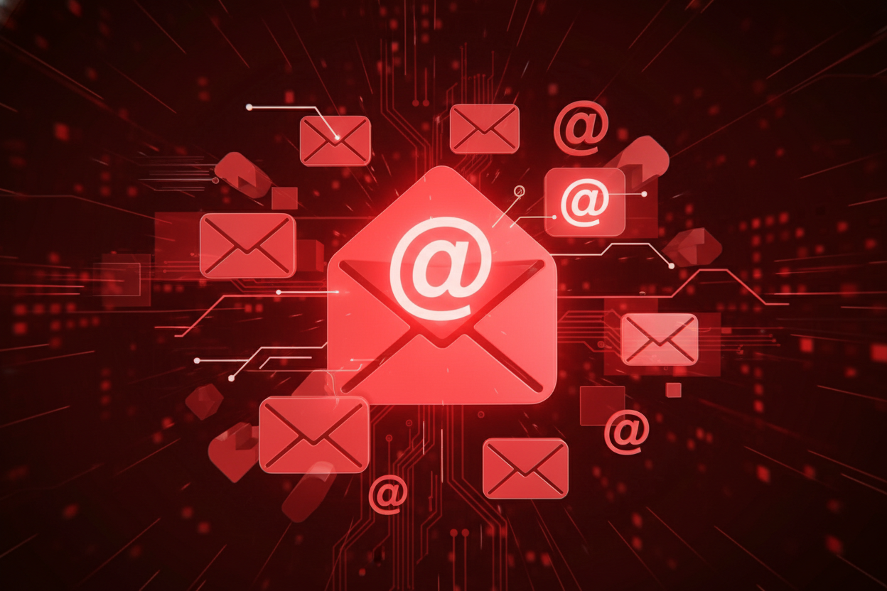 símbolo de email e iconografias sobre emails, 3d, animação, tons vermelhos presentes